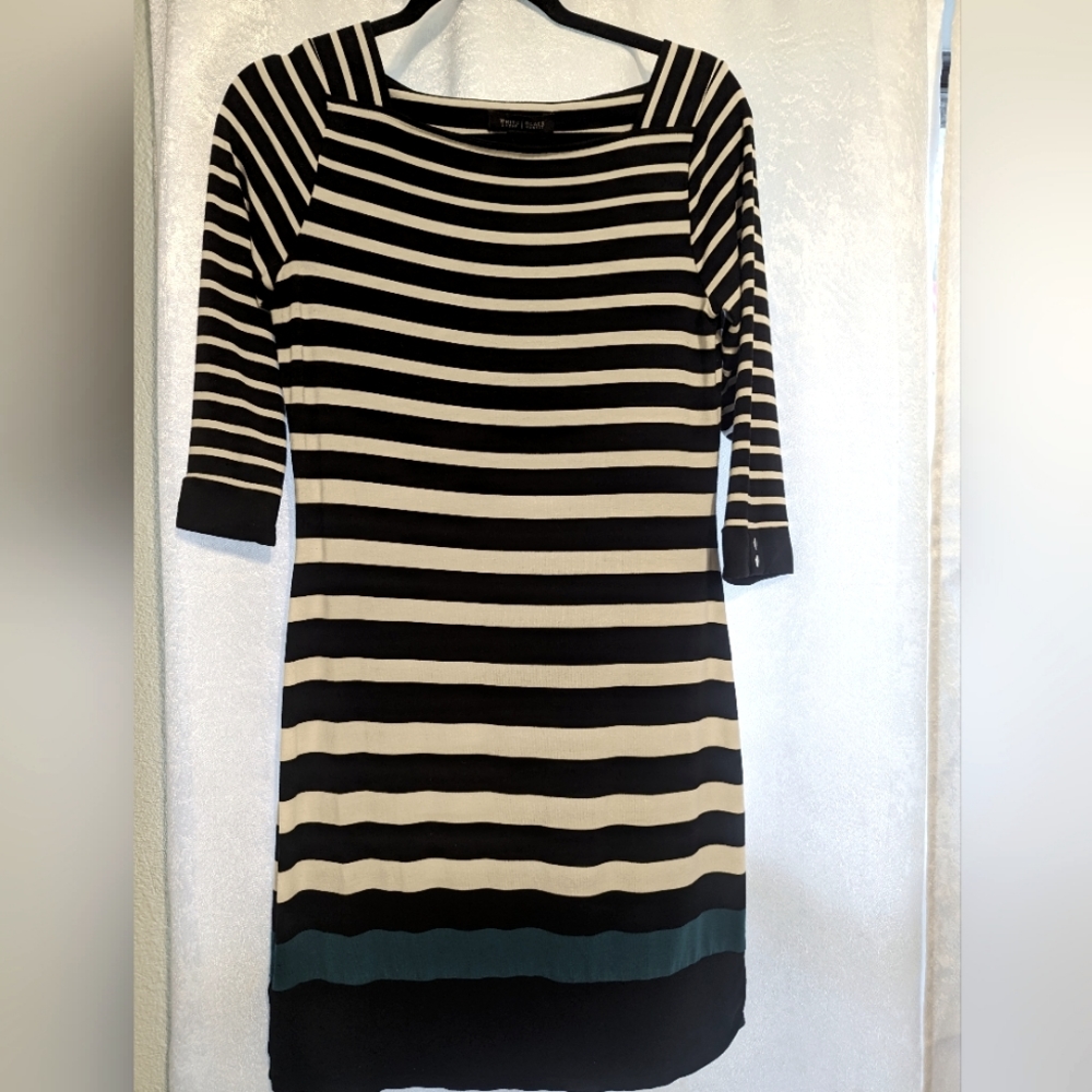 White House Black Market Casual Dress, Black, white and teal stripes, size S